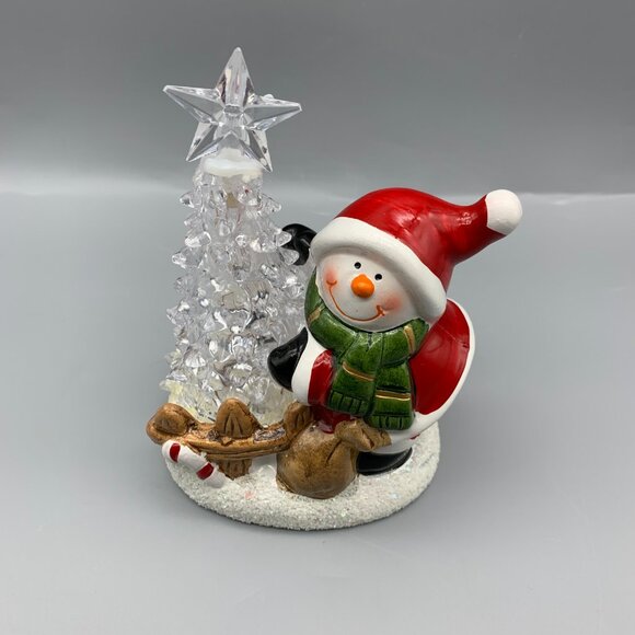 Cute Ceramic Snowman Dressed like Santa with Clear Light-Up Tree - Picture 6 of 10